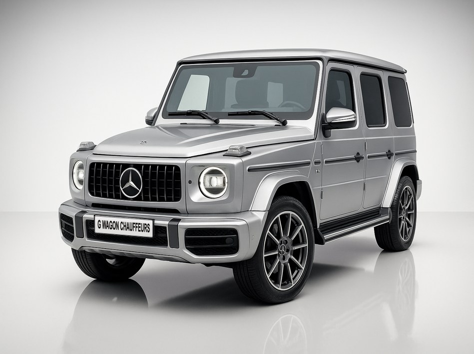 Silver Mercedes G63 AMG with G WAGON CHAUFFEURS plate